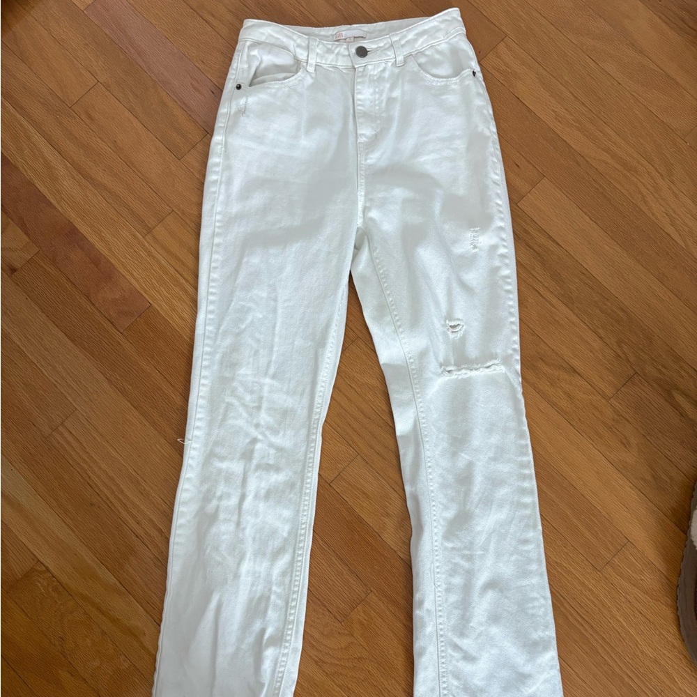 White Straight Leg Jeans with Distressed Details